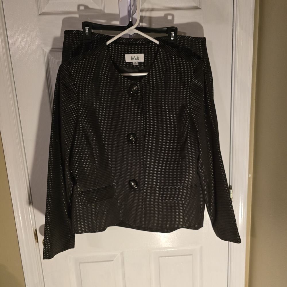 Le Suit Womens Black White Micro Grid Skirt Suit Set Size 18 Collarless Jacket
